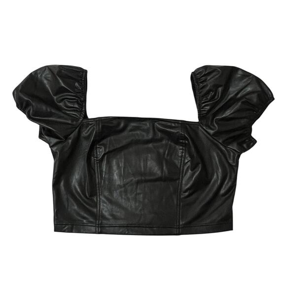 Avec Les Filles LARGE Faux Leather Puffy Sleeve Zipper Back Square Neck Crop Top - Picture 11 of 13